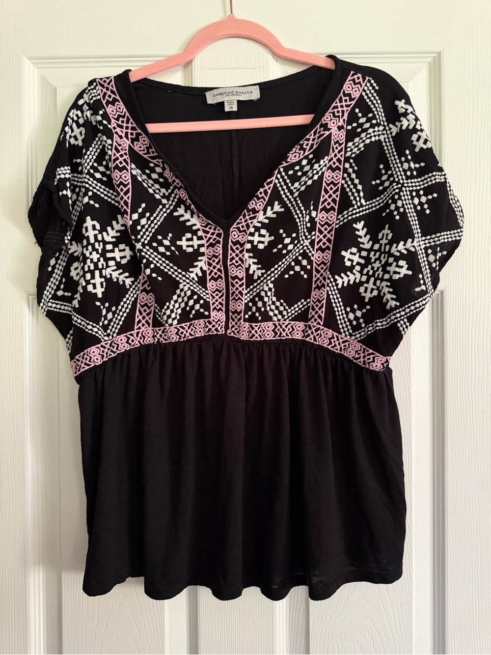 Tempted Hearts Black Tunic Top with Pink and White Embroidery